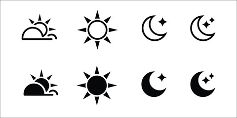 Sun and Moon Icons Illustration, Collection of Dark and Light Mode Symbols Featuring Daytime Sun, Sunset, Crescent Moon, and Night Theme Elements Isolated on White Background, Perfect for User Interfa © Vector Creator