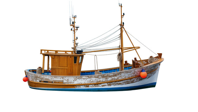 Wooden fishing trawler boat with masts and ropes
