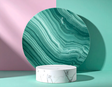 White Marble Cylinder Podium with Teal Marble Circle Backdrop on Pink and Mint Background, Product Mockup
