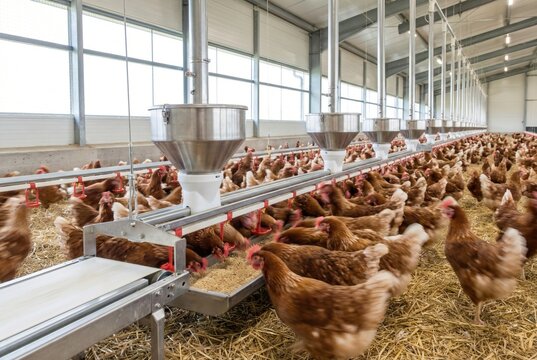 Automatic chicken feeder line in bright free-range poultry barn with flock eating