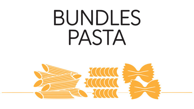 Bundles of various pasta shapes on a white background