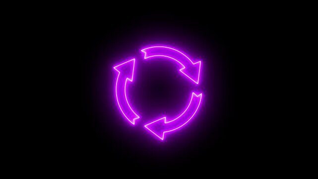 Neon circular arrows rotation cycle seamless loop animation on dark background. Circle arrow refresh and reload icon animation with loading progress animation