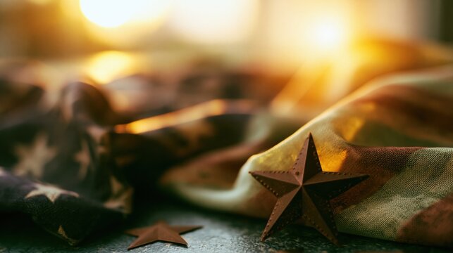 American flag and star decorative elements with warm golden sunlight, providing a luminous and textured background for Veterans Day announcements