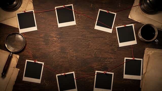 Vintage detective workspace with blank polaroid photos and investigation tools on a wooden desk