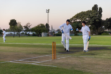 Obraz premium Two male batsmen in white pads gloves walking on dusk pitch holding wooden bats near stumps