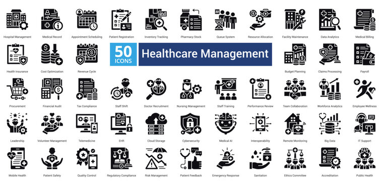 Healthcare Management icon set in glyph style contains 50 icons including budget planning, claims processing, payroll, procurement, financial audit, tax compliance, staff shift icon