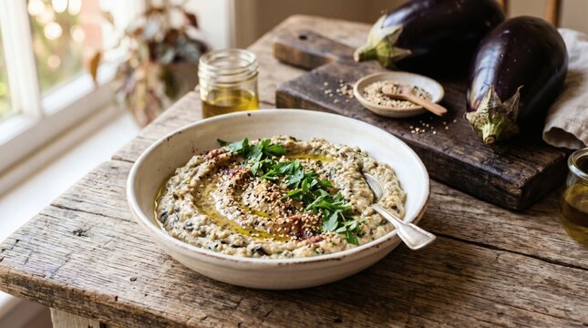 Delicious homemade baba ghanoush dip served in a rustic bowl with fresh parsley garnish.