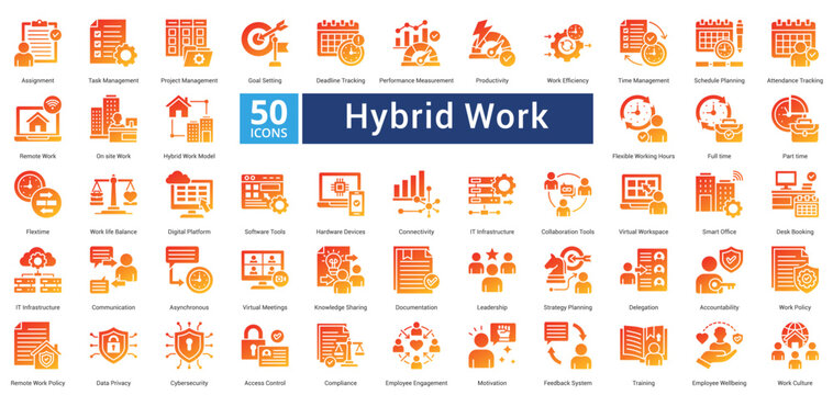 Hybrid Work icon set in glyph gradient style contains 50 icons including collaboration tools, virtual workspace, smart office, desk booking, it infrastructure, communication, asynchronous icon