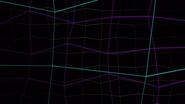 abstract neon wireframe grid with futuristic cyberpunk geometric distortion effect, synthwave digital mesh background with glowing perspective lines and virtual cyberspace structure 4k