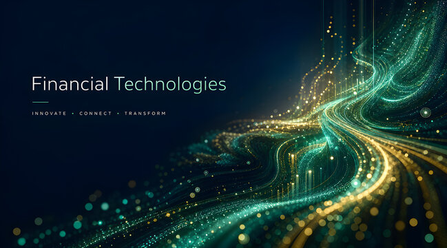 Abstract Financial Technologies data waves flowing on dark background &mdash; innovation, connectivity, and digital transformation concept