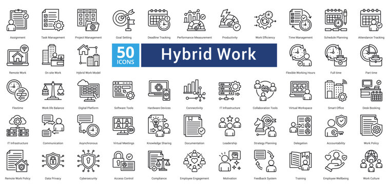 Hybrid Work icon set in outline style contains 50 icons including virtual meetings, knowledge sharing, documentation, leadership, strategy planning, delegation icon