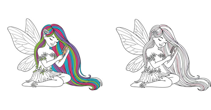 Beautiful fairy girl brushing long rainbow hair, magical fantasy character illustration for coloring book, elf with wings and hairbrush, set of colored and black white line art