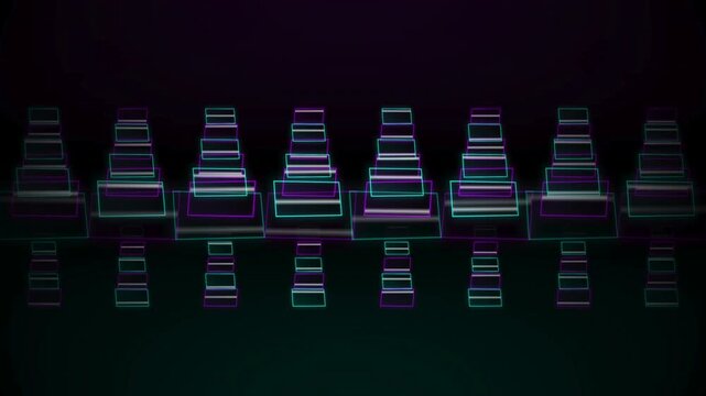 futuristic neon blocks pattern with glowing cyberpunk symmetry and reflections, abstract synthwave geometric landscape with luminous wireframe structures on dark background 4k