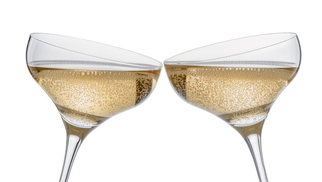 Two champagne coupe glasses filled with bubbly golden liquid