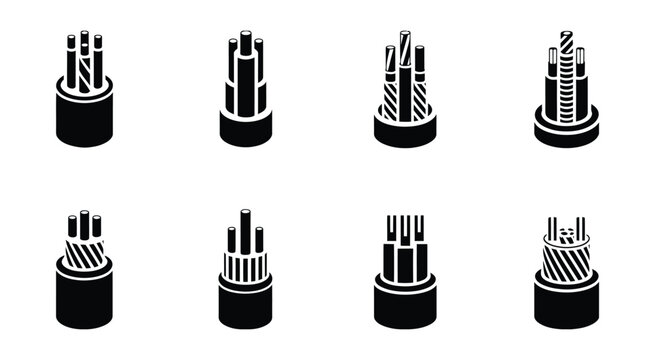 Isometric cable wire bundle icon set in various styles featuring black and white electrical wiring vector illustrations