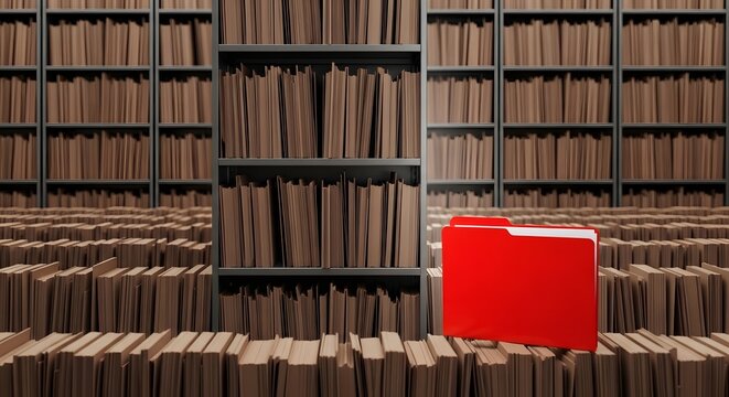 Red folder standing out among numerous brown folders on shelves in a digital archive or database.
