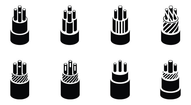 Black and white isometric wire bundle collection with cable management, electrical wiring, and network connection symbols