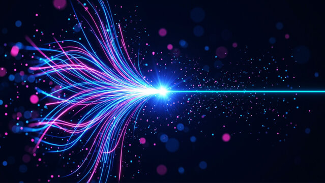 Abstract digital data stream with glowing blue and pink fiber optic light trails converging into a single point of energy against a deep dark background representing high speed connectivity.