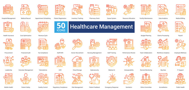 Healthcare Management icon set in outline gradient style contains 50 icons including cybersecurity, medical ai, interoperability, remote monitoring, big data, it support, mobile health icon