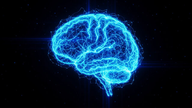 Glowing digital human brain network wireframe consisting of interconnected blue nodes and neural pathways representing artificial intelligence and cognitive computing technology.
