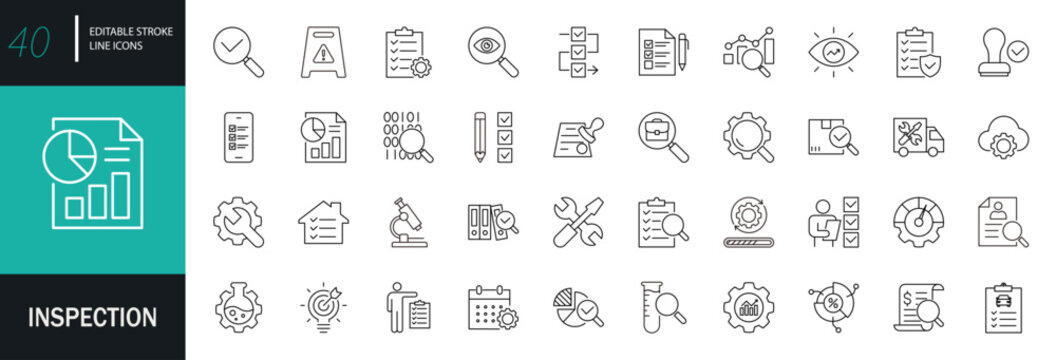 Inspection icon set. Examination, testing, quality control, check, inspect, and collection. Editable stroke. Vector illustration.