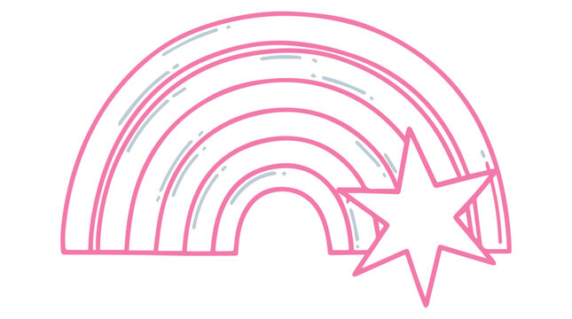A pink line drawing of a rainbow with a star on a white background