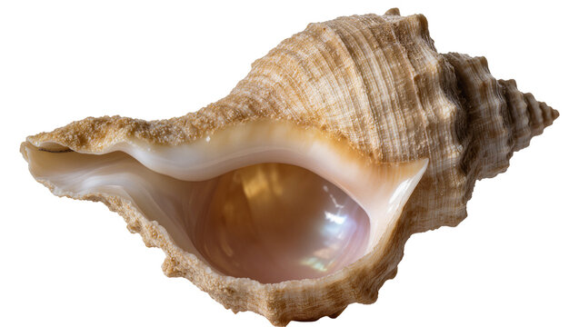 Spiral seashell with textured exterior and smooth pearlescent interior