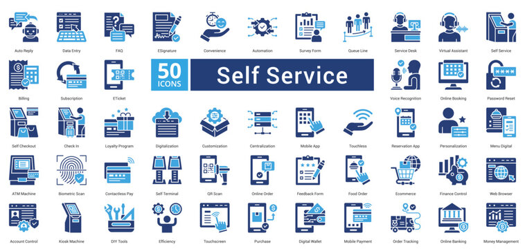 Self Service icon set in two color style contains 50 icons including money management, online booking, password reset, self checkout,  service desk, virtual assistant icon
