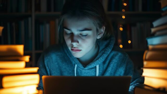 Teen student studying late at night on a laptop, surrounded by stacks of books in a dim library, with blue screen light and warm lamps creating focused learning atmosphere