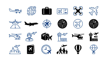 Fototapeta premium Aircraft, aviation, airport operations, and flight icon set.