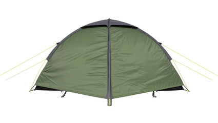 Green dome camping tent with grey accents and yellow guy lines © Alaric