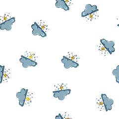 Naklejka premium pattern Grey comic cloud creating rain with falling lightning bolt, representing bad weather and illustrating natural elements for meteorological concepts and icons on a white background