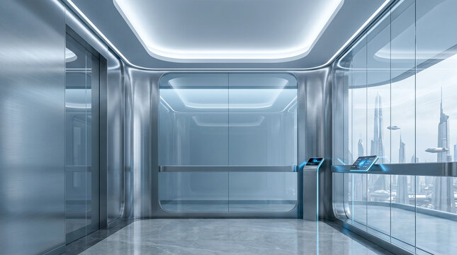 Futuristic sleek bright empty elevator interior featuring interactive transparent touch screen display overlooking massive advanced sci fi metropolis skyline architecture outdoors