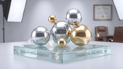 Obraz premium Shiny metallic gold and silver spheres balancing on transparent glass platform representing corporate wealth management and global financial economic investment stability