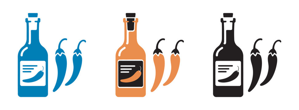 Hot sauce bottles and chili pepper icons set, colorful spicy sauce and pepper symbols collection, vector design