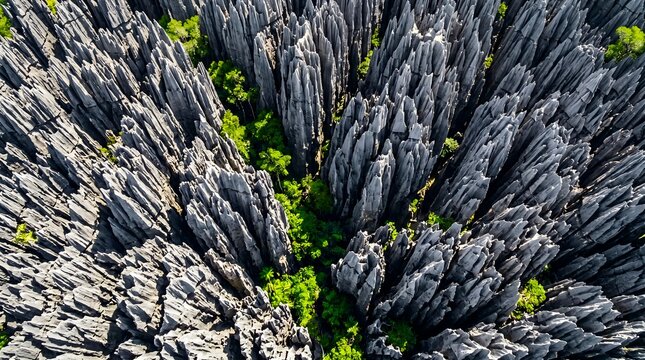 Aerial view of Tsingy de Bemaraha limestone needle forest in Madagascar