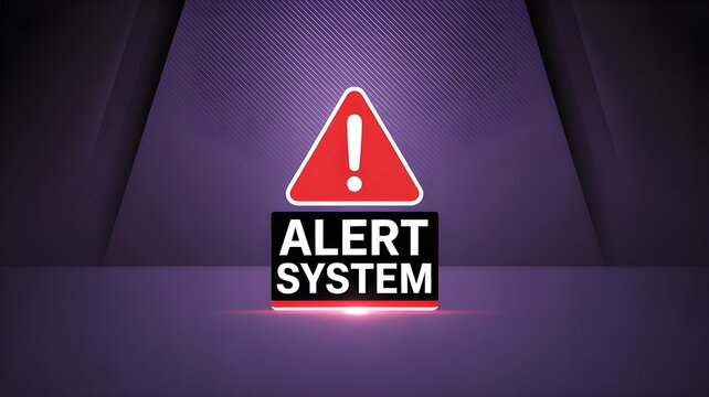 Alert system with exclamation mark on purple background warning sign