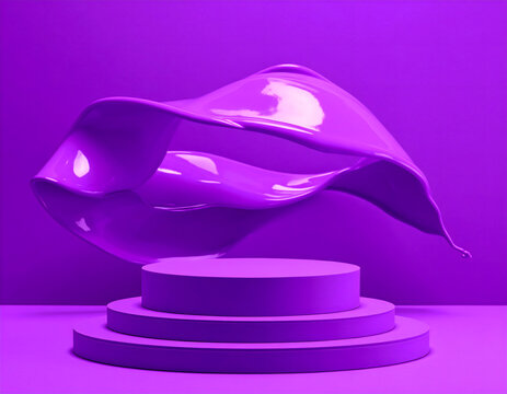Bold Purple Tiered Round Pedestal with Abstract Flying Fabric on Monochrome Purple Background
