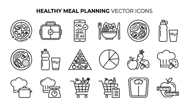 Set of Linear Vector Icons for Healthy Meal Planning Nutrition and Balanced Diet Lifestyle Management