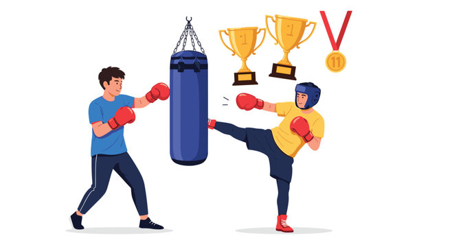 Two young boys training in a boxing gym with a punching bag and championship trophies and a gold medal in the background.