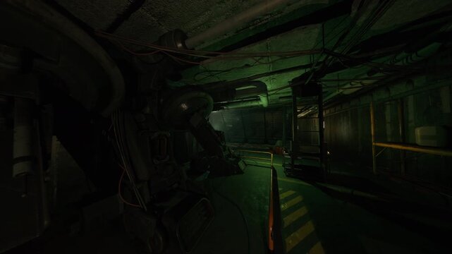 Dim machinery alley lined with control boxes and tangled cables, panels and meters glowing faintly, dusty shelves and tool racks creating cluttered silhouette,