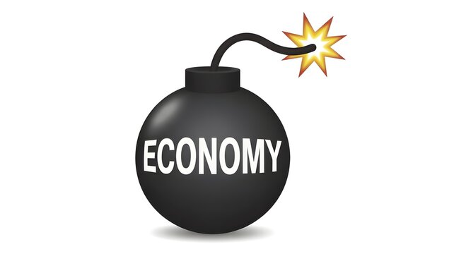 A black bomb with the word economy on it about to explode on white background