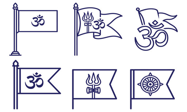 Collection of six Hindu religious flags in line art style, featuring Om symbol, Trishul, and Dharma Chakra, representing various spiritual and cultural elements.