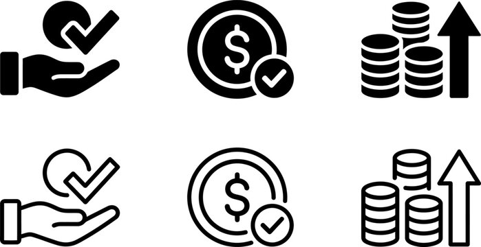 payment received icon with hands and check mark plus dollar target and coins