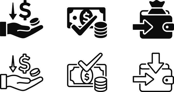 payment received icon collection with hands, cash, coins, and arrows in silhouette style