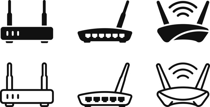 router network icon silhouette collection with wifi signal and ethernet ports in black