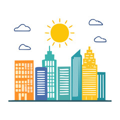 Obraz premium Flat design city skyline with sun and clouds