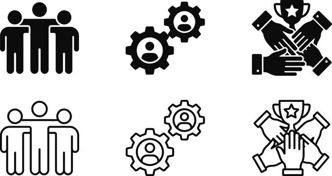 team icon silhouette collection with gear shapes and connected people avatars for support