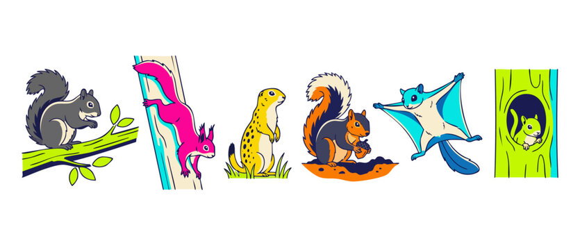 Squirrel cartoon set vector illustration featuring cute chipmunk, flying squirrel, groundhog, and gopher characters in various active poses climbing, gliding, and eating on clean white background.