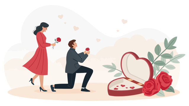 Man proposing with a ring box woman receives a rose flat design heart shaped box getting married couple in love family to be life event red dress proposal engagement marriage surprise